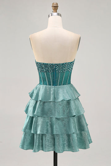 Peacock Green Corset Strapless Tiered A-Line Homecoming Dress with Rhinestones